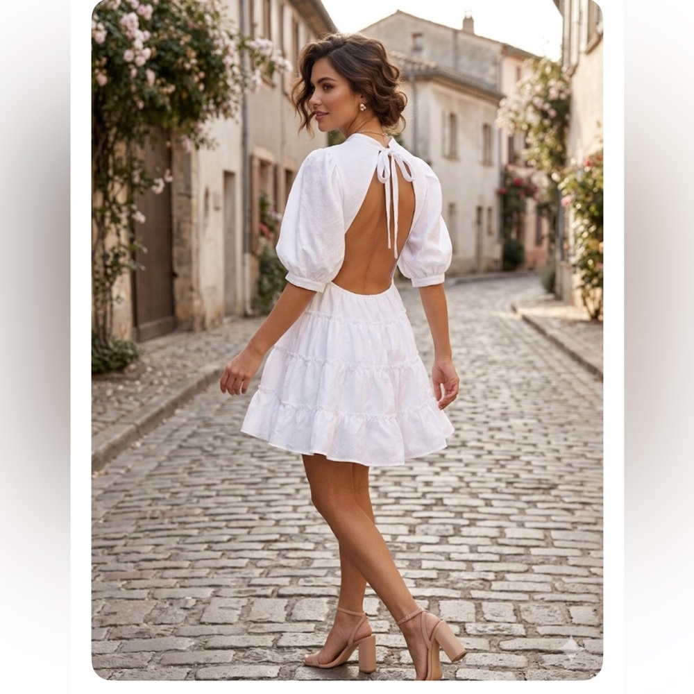 NWT Sur Belle Hello Molly White Backless Mini
Dress Puff Sleeve Tiered Size US6